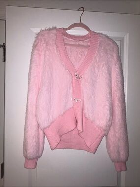 Soft Pink Fuzzy V-Neck Cardigan Sweater